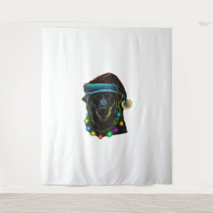 black Funny dog Christmas Santa Hat lights tree ho Tapestry