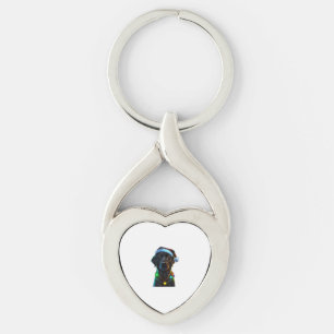 Black Funny dog Christmas Santa Hat lights tree Key Ring