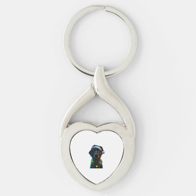 Black Funny dog Christmas Santa Hat lights tree  Key Ring (Front)