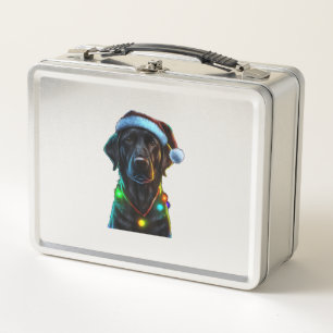 Black Funny dog Christmas Santa Hat lights tree Metal Lunch Box