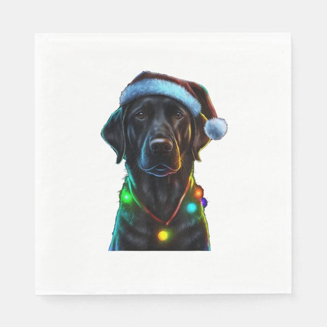 Black Funny dog Christmas Santa Hat lights tree  Napkin (Front)