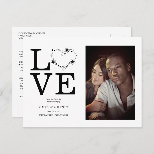 Black Funny Floral Love Heart Custom photo Couple Announcement Postcard (Front/Back)