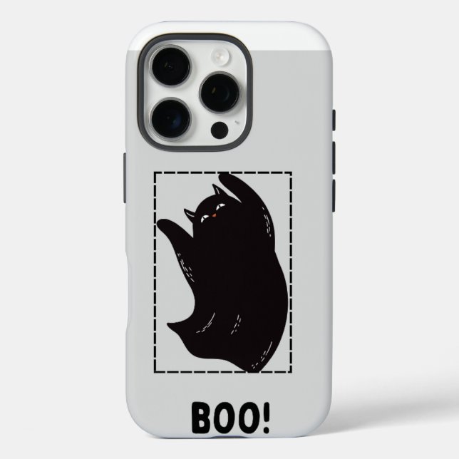 Black Funny Halloween's Cat Ghost iPhone 16 case (Back)