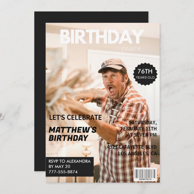 Black Funny Magazine Cover Photo 76th birthday Invitation (Front/Back)