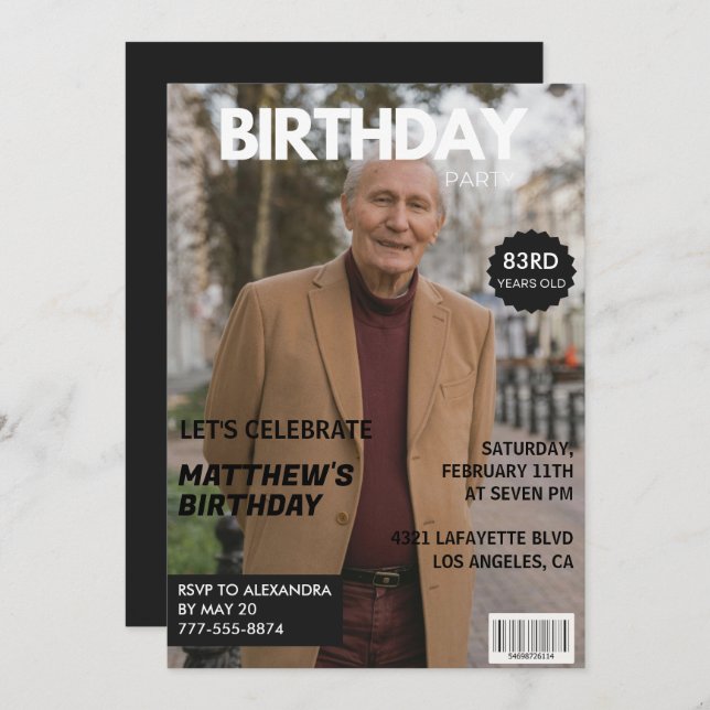 Black Funny Magazine Cover Photo 83rd birthday Invitation (Front/Back)