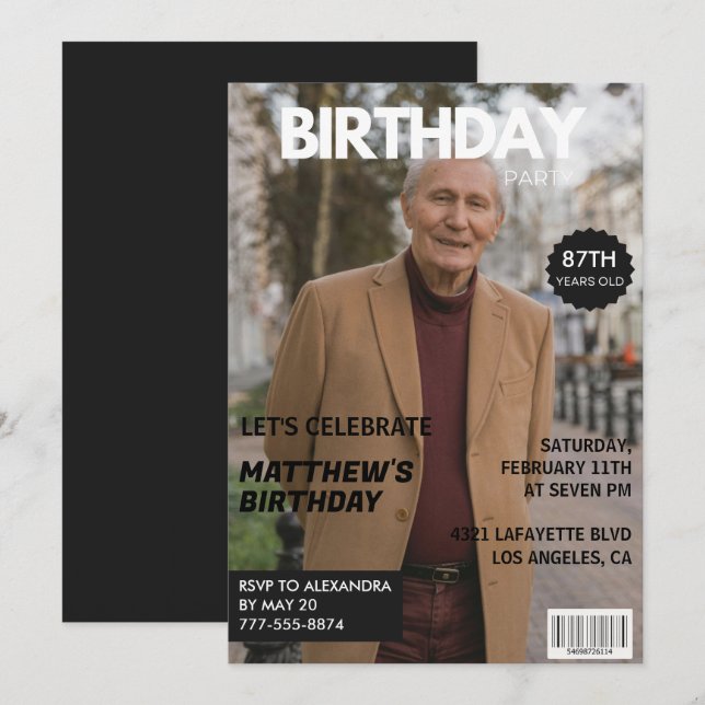 Black Funny Magazine Cover Photo 87th birthday Invitation (Front/Back)