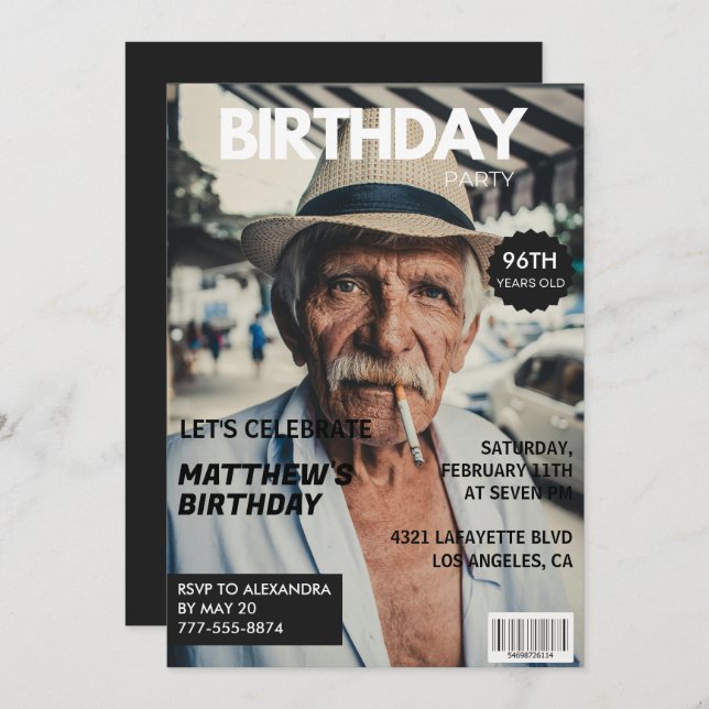 Black Funny Magazine Cover Photo 96th birthday Invitation (Front/Back)