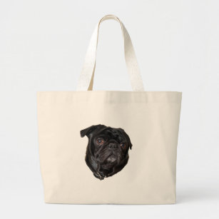 Black Funny Pug Large Tote Bag
