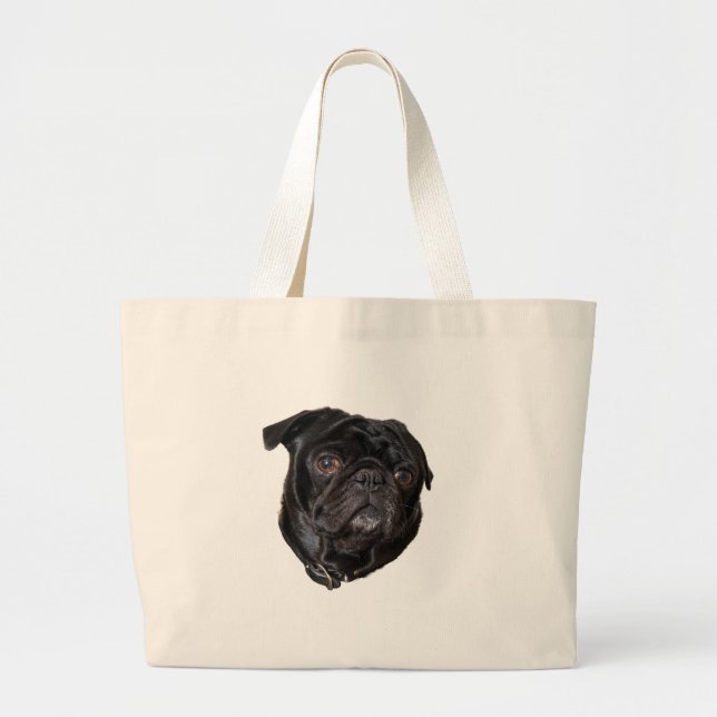 Black Funny Pug Large Tote Bag (Front)