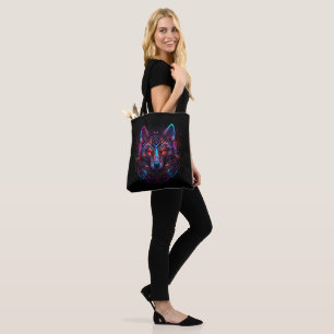 Black Futuristic Neon Wolf Tote Bag