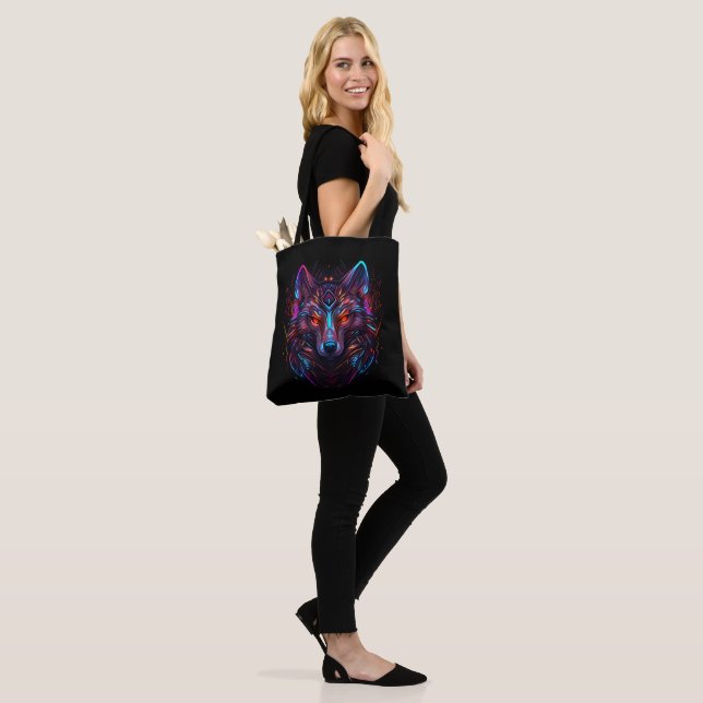Black Futuristic Neon Wolf Tote Bag (On Model)