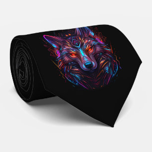 Black Futuristic Radiant Neon Wolf Necktie
