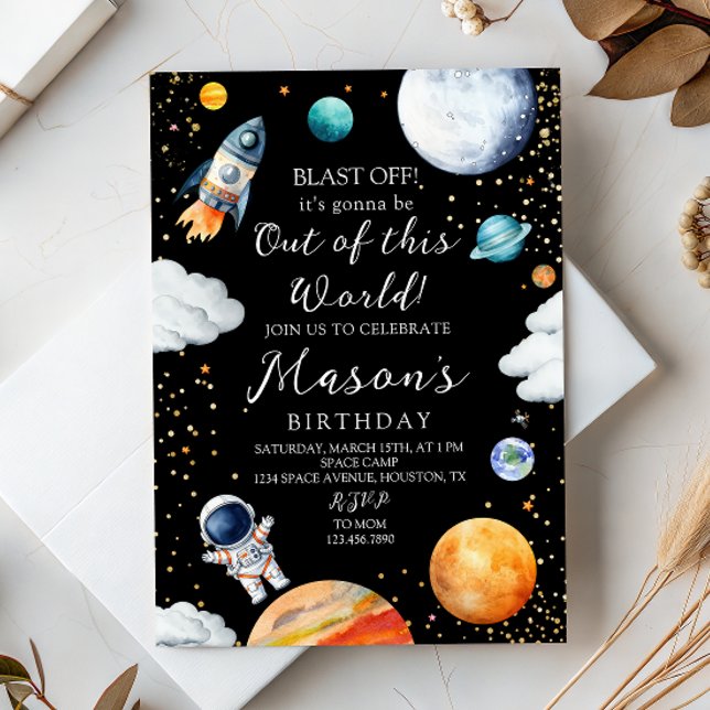 Black Galaxy Rocket & Astronaut Out of This World Invitation (Creator Uploaded)