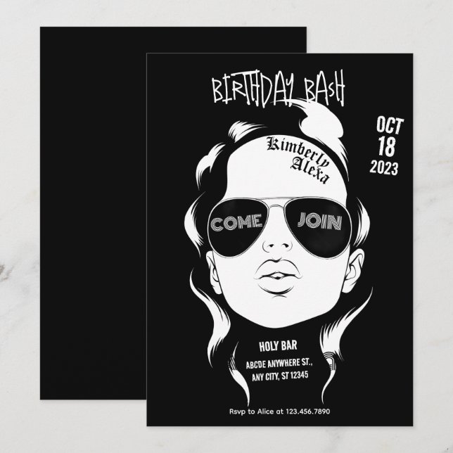 Black gangsta girl rock birthday bash invitation (Front/Back)