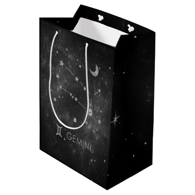 Black Gemini Zodiac | Cosmic Astrology Horoscope Medium Gift Bag (Back Angled)