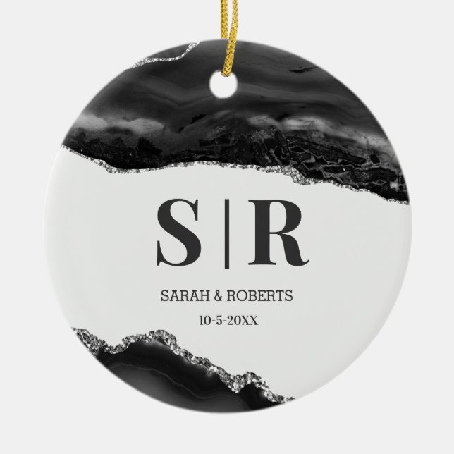 Black Geode Agate Couples Monogrammed Christmas Ceramic Tree Decoration (Front)