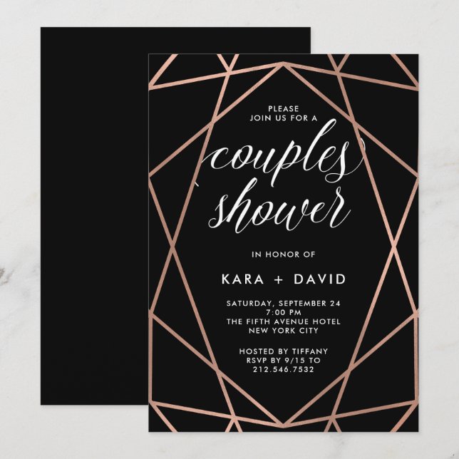 Black Geometric Faux Rose Gold Couples Shower Invitation (Front/Back)