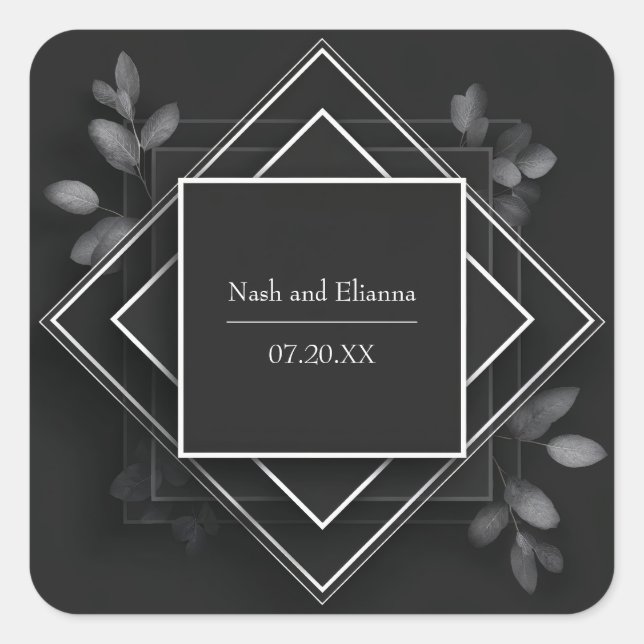 Black Geometric Frame Botanical Accents Wedding Square Sticker (Front)