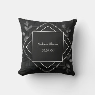Black Geometric Frame Silver Eucalyptus Leaf Cushion