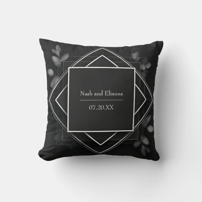 Black Geometric Frame Silver Eucalyptus Leaf Cushion (Front)