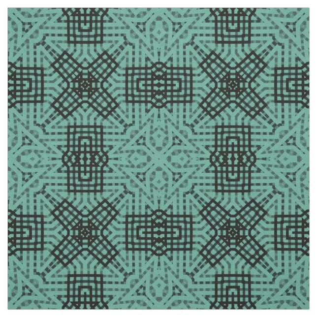 Black geometric lace pattern on turquoise dark bac fabric (Swatch)