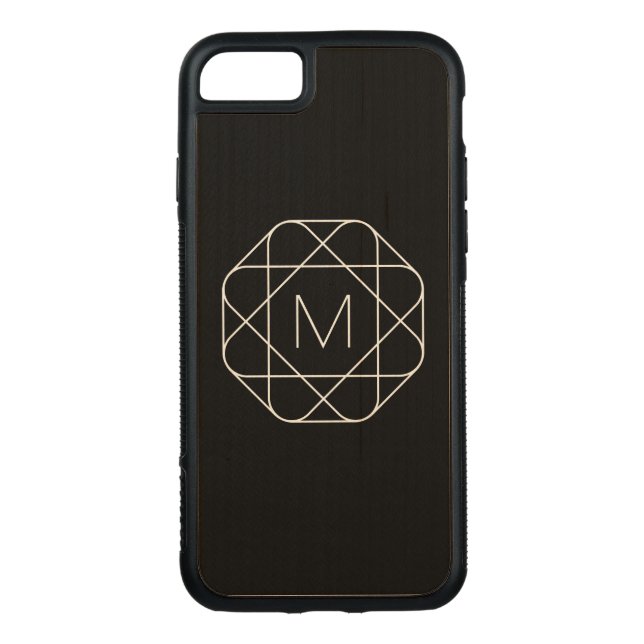 Black Geometric Monogram Carved Wood iPhone Case (Back)