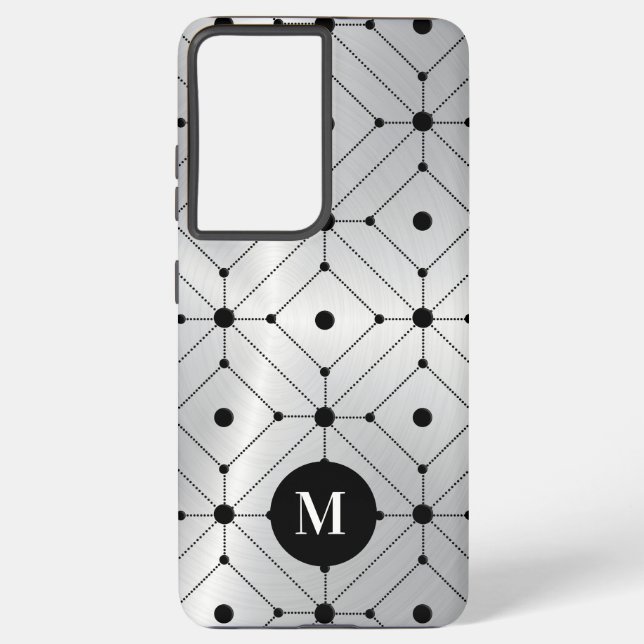Black geometric pattern silver metallic background samsung galaxy s21+ case (Back)
