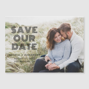 Black Geometric Retro Photo Wedding Save the Date Magnetic Invitation