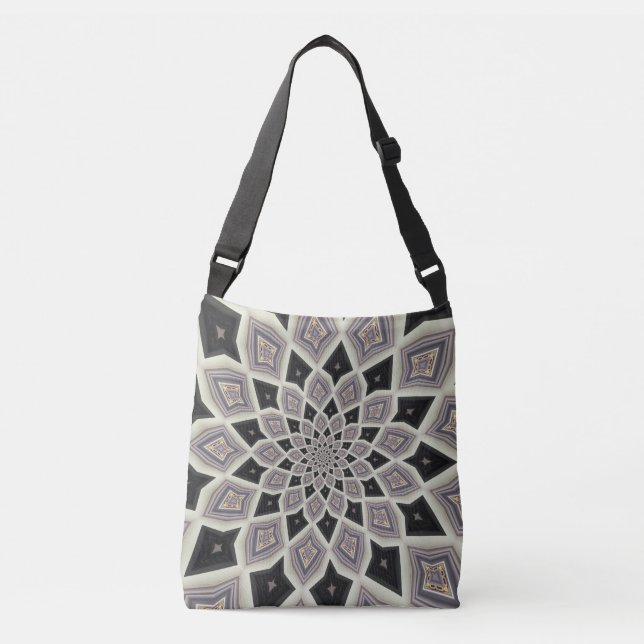 Black Geometric Spiral Fractal Mosaic Art Pattern Crossbody Bag (Front)