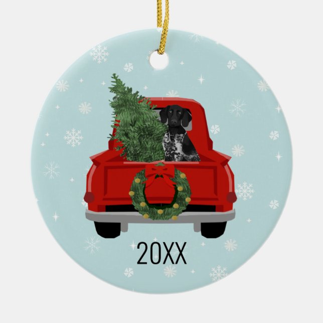 Black German Pointer Christmas Red Truck Ceramic Tree Decoration (Front)
