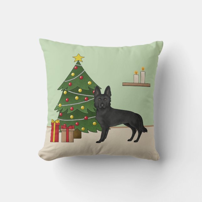 Black German Shepherd And Festive Christmas Tree Cushion (Front)