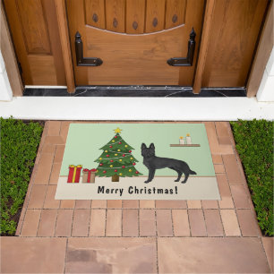 Black German Shepherd And Festive Christmas Tree Doormat