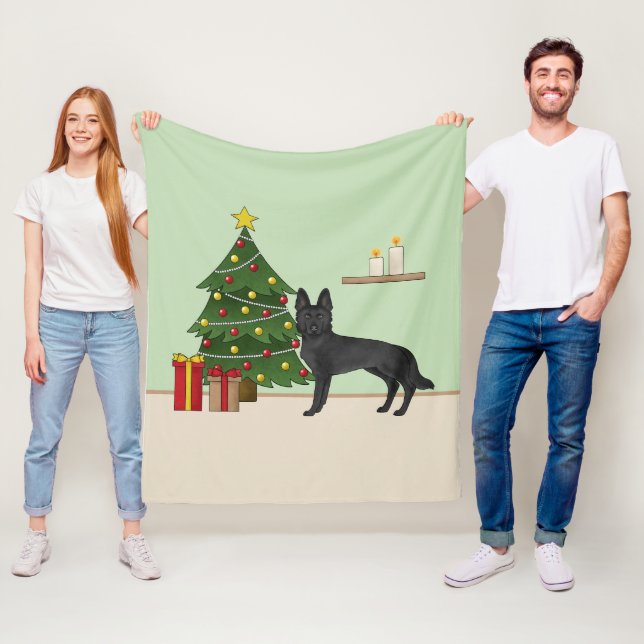 Black German Shepherd And Festive Christmas Tree Fleece Blanket (In Situ)