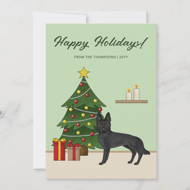 Black German Shepherd And Festive Christmas Tree Holiday Card (Front)