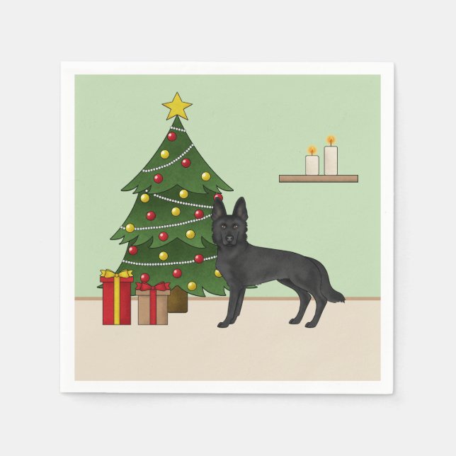 Black German Shepherd And Festive Christmas Tree Napkin (Front)