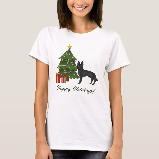 Black German Shepherd And Festive Christmas Tree T-Shirt (Front)