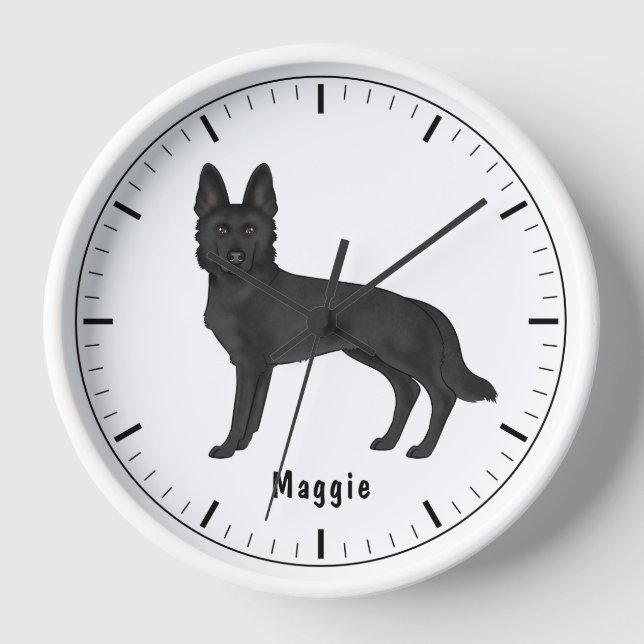Black German Shepherd Cartoon Dog With Custom Text Clock (Front)