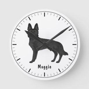 Black German Shepherd Cartoon Dog With Custom Text Round Clock