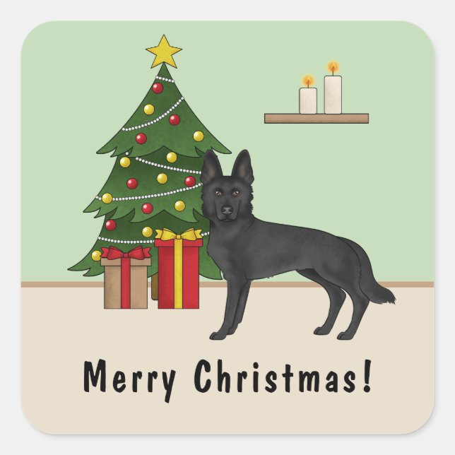 Black German Shepherd Christmas Tree Custom Text Square Sticker (Front)