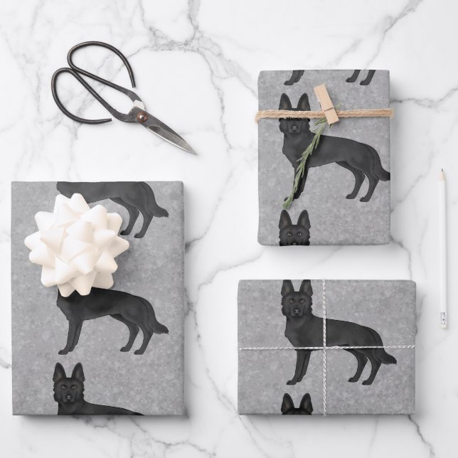 Black German Shepherd Cute Cartoon Dog Design Wrapping Paper Sheet (Front)