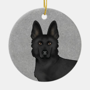 Black German Shepherd Cute Cartoon Dog Head Grey Ceramic Tree Decoration