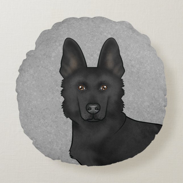 Black German Shepherd Cute Cartoon Dog Head Grey Round Cushion (Front)