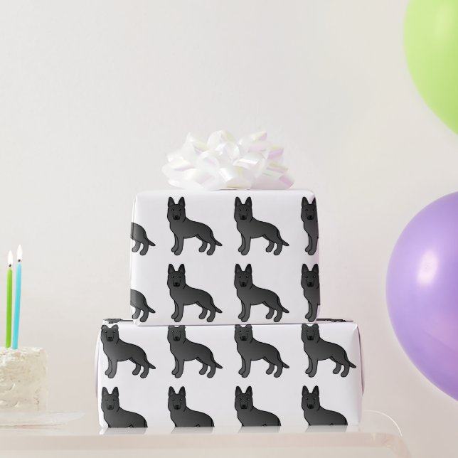 Black German Shepherd Cute Cartoon Dogs Wrapping Paper (Party Gifts)
