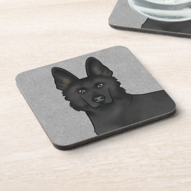 Black German Shepherd Cute Dog Head Close-Up Grey Coaster (Left Side)