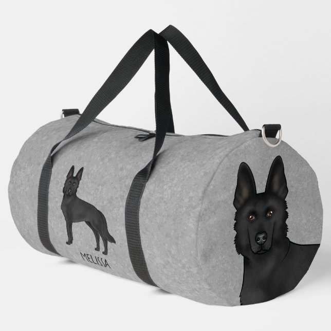 Black German Shepherd Dog And Custom Name Grey Duffle Bag (Left Corner)
