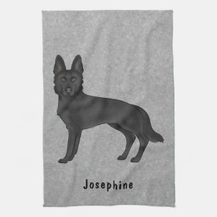 Black German Shepherd Dog And Custom Name Grey Tea Towel