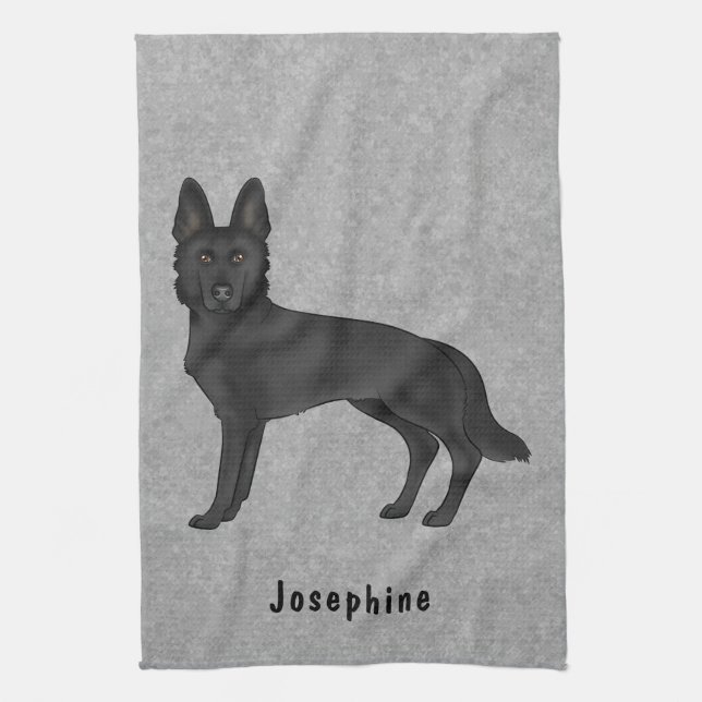 Black German Shepherd Dog And Custom Name Grey Tea Towel (Vertical)