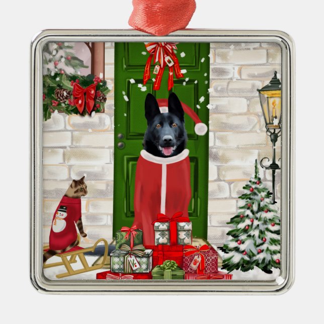 Black German Shepherd Dog Christmas  Metal Tree Decoration (Front)