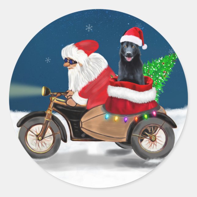 Black German Shepherd Dog Christmas Santa Claus   Classic Round Sticker (Front)
