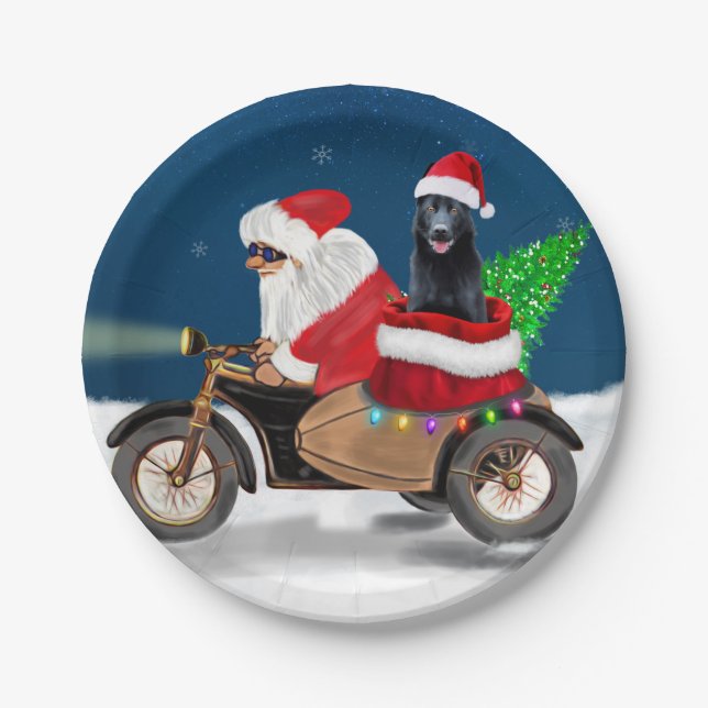 Black German Shepherd Dog Christmas Santa Claus   Paper Plate (Front)